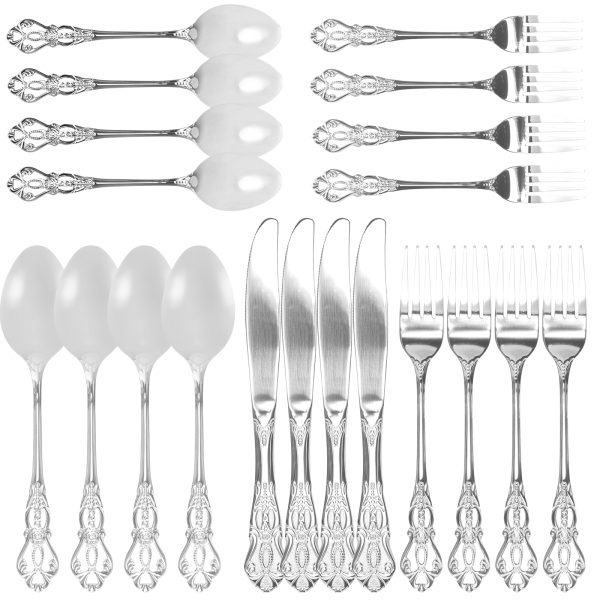 20 Pcs Retro Royal Silverware Set for 4,Gorgeous Silver Flatware Set with Steak Knives,Premium Stainless Steel Vintage Cutlery Set with Forks Spoons and Knives,Dishwasher Safe