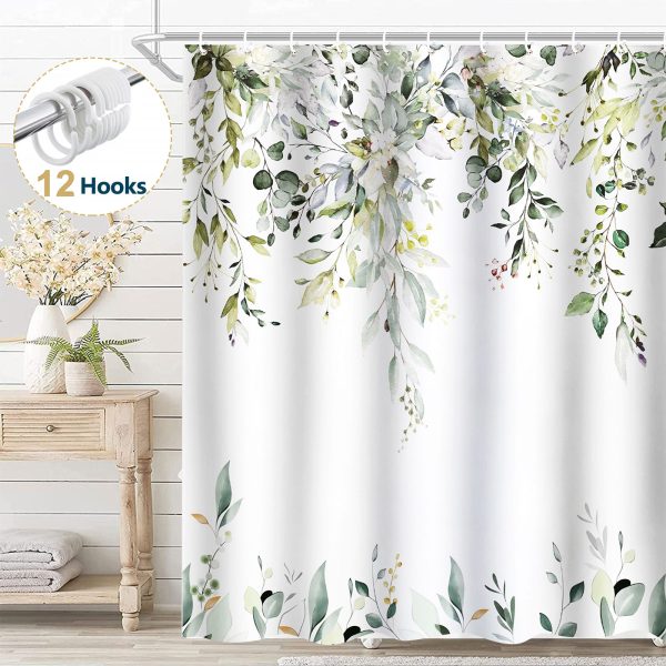 Dznils Green Eucalyptus Fabric Shower Curtain, Watercolor Floral Pattern with Hooks, 72" x 72"