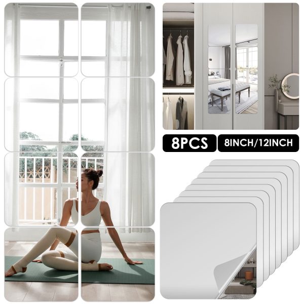 EUWBSSR 8Pcs Wall Mirror Tiles 8inch Self Adhesive Acrylic Mirror Square Full Length Mirror Wall Stickers Full Body Home Wall Mirror Sheets Flexible Mirror Sheets Mirror Stickers