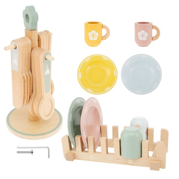 Kid Wooden Dinnerware Toy Set Safe Wood Kids Kitchen Playset Funny Toddler Kitchen Toy Children Kitchen Cutlery and Plate Toy Set Wood Plate and Dish Playset for 3-5 Years Old