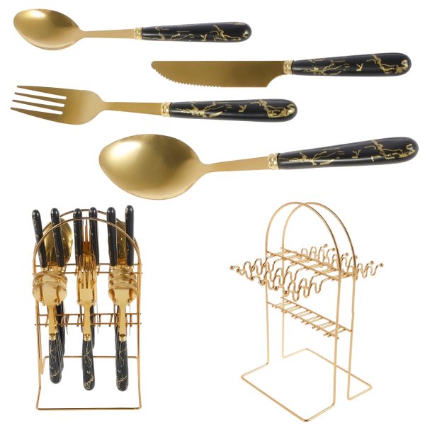 Gold Stainless Steel 24 Pieces Flatware Set with Silverware Holder,Golden Silverware Set,Anti-rust Stainless Steel Gold Cutlery Set Utensils Including Fork Spoon and Knife