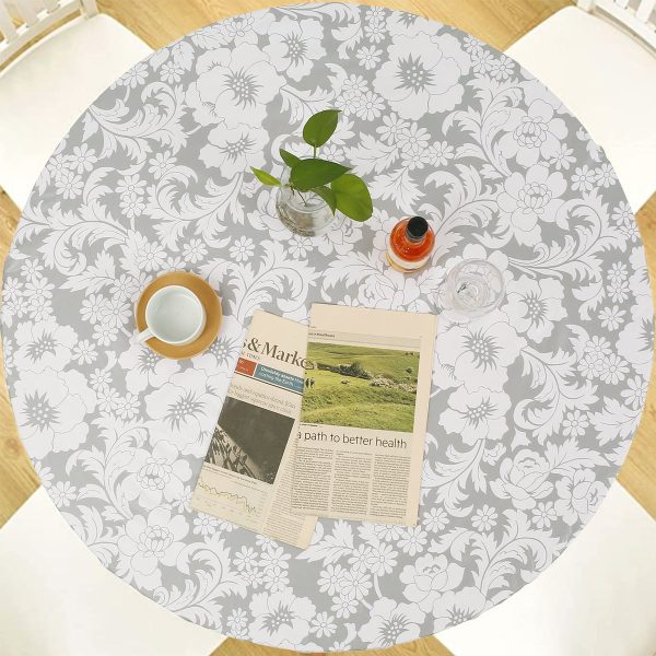 Fitted Round Tablecloth, Elastic Vinyl Table Cloth for 44"-55" Tables, Waterproof Plaid Table Cover Cloth for Picnic, Grey