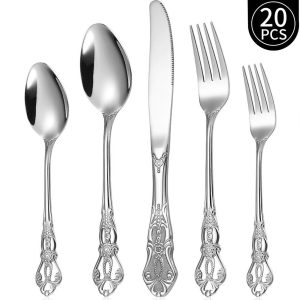 20 Pcs Retro Royal Silverware Set for 4,Gorgeous Silver Flatware Set with Steak Knives,Premium Stainless Steel Vintage Cutlery Set with Forks Spoons and Knives,Dishwasher Safe