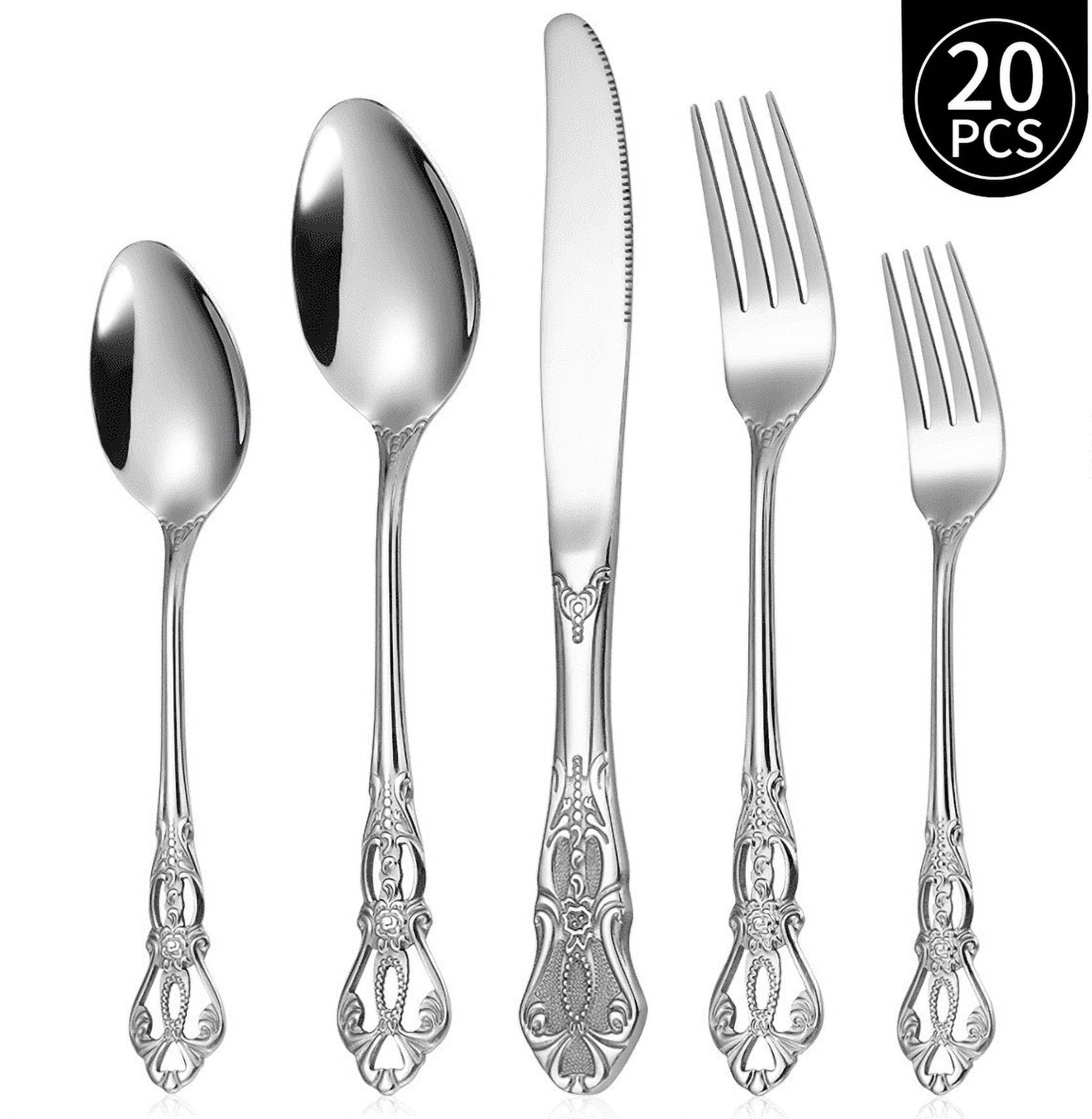 20 Pcs Retro Royal Silverware Set for 4,Gorgeous Silver Flatware Set with Steak Knives,Premium Stainless Steel Vintage Cutlery Set with Forks Spoons and Knives,Dishwasher Safe