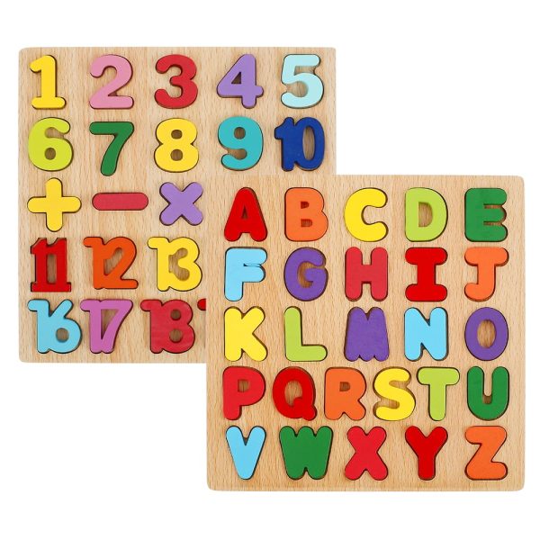 4PCS Wooden Alphabet Puzzles Set,3D Wood Alphabet/Number/Shape Puzzle Set,ABC Letter and Numbers Puzzles Board,Recognition Toy Educational Puzzles,Puzzle Set Best Gift for Kids Toddler Boys Girls