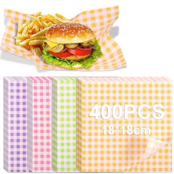 Hvxrjkn Pack of 400 Wax Paper Plaid Wax Paper Greaseproof Paper Liners Sandwich Wrapping Paper Dry Waxed Deli Food Paper Sheets Greaseproof Waterproof 4 Colors(18x18cm)