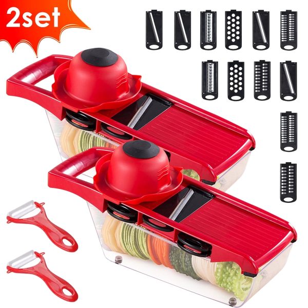 2PCS Vegetable Cutter with 6 Blades Multifunctional Mandoline Onion Chopper Time Saving Vegetable Fruits Dicer Kitchen Food Slicer Mincer with Container for Salad Potato