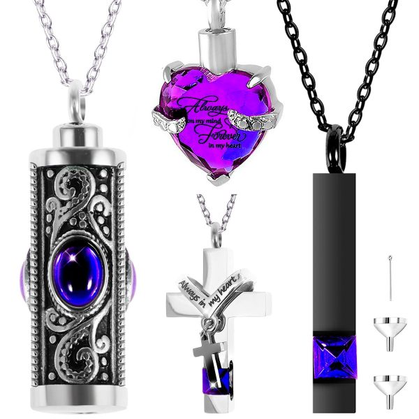 4Pcs Urn Necklace Set Stainless Steel Cremation Jewelry Heart Cylindrical Cross Rectangular Ashes Keepsake Waterproof Urn Memorial Pendant for Men Women