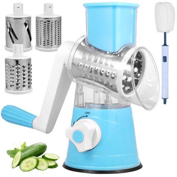 Rotary Cheese Grater with 3 Interchangeable Blades Rotary Cheese Cutter with Hand Crank Clean Brush Manual Cheese Shredder Non-Slip Suction Base Vegetable Slicer Grater for Kitchen Cooking Cheese