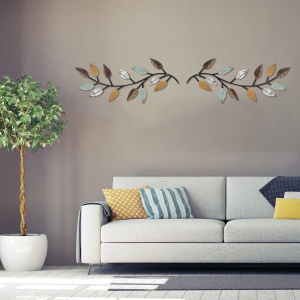 2 Pcs Metal Tree Leaf Wall Decor Decorative Vine Olive Branch Leaf Wall Art Elegant Wrought Iron Scroll for Living Room Bedroom Bathroom 40x16cm