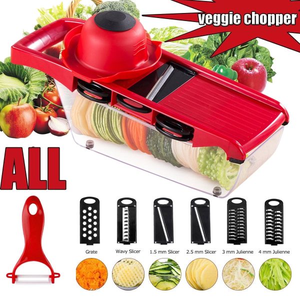 Vegetable Cutter with 6 Blades Multifunctional Mandoline Onion Chopper Time Saving Vegetable Fruits Dicer Kitchen Food Slicer Mincer with Container for Salad Potato