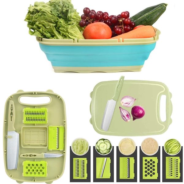 Vegetable Cutter,Collapsible Cutting Board Set 9 In 1 Multifunctional Cutting Board with Colander Portable and Foldable Chopping Board Sapce Saving Kitchen Vegetable Washing Basket for Camping Picnic