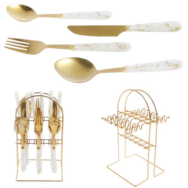 Gold Stainless Steel 24 Pieces Flatware Set with Silverware Holder,Golden Silverware Set,Anti-rust Stainless Steel Gold Cutlery Set Utensils Including Fork Spoon and Knife