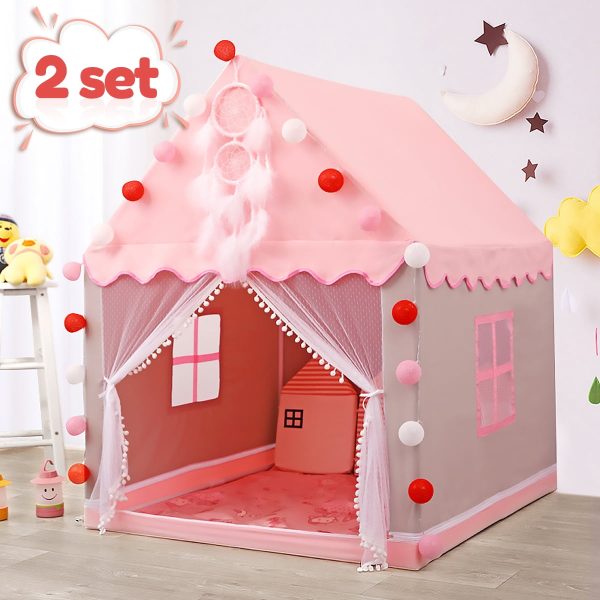 2PCS Princess Tent Girls Large Playhouse Kids Castle Play Tent with Star Lights Toy for Children Indoor and Outdoor Games, 51.2 x 39.4 x 47.2,Pink