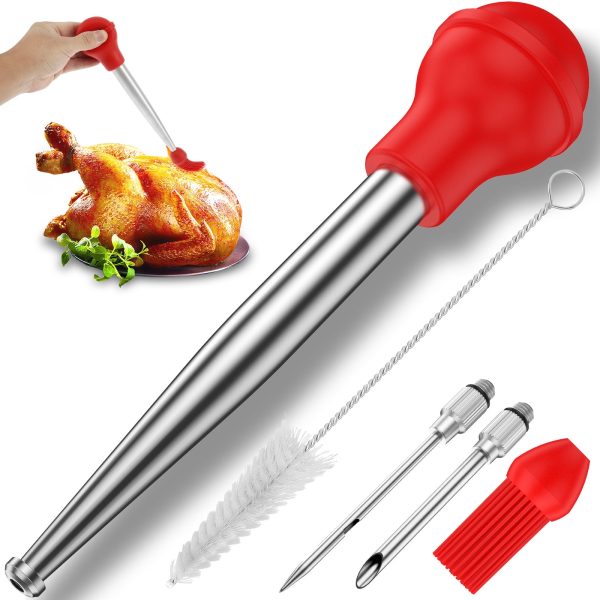 Ghojet Turkey Baster Stainless Steel Turkey Baster Syringe with Cleaning Brush Meat Marinade Injector with 2 Needles and Detachable Silicone Bulb Meat Baster for BBQ Grill Kitchen Cooking