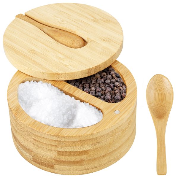 Jetcloudlive Bamboo Salt and Pepper Bowl Box,Built-in Spoon,2-Compartments Spice Seasoning Container,Sea Salt Cellar Holder,Built-in Spoon,Magnetic Swivel Lid