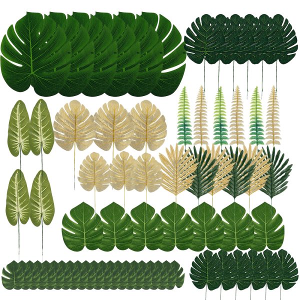 Hvxrjkn 60Pcs Artificial Palm Leaves, Faux Monstera Large Leaves Tropical Plant Simulation Safari Plant with Faux Stems for Home Kitchen Party Flowers Arrangement Wedding Decorations