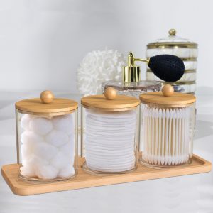 Jetcloudlive love 3Pcs Qtip Holder Dispenser with Bamboo Lids Clear Acrylic Bathroom Jars with Tray Reusable Bathroom Canisters Swab Ball Holder Dispenser ,for Makeup Cotton Swab