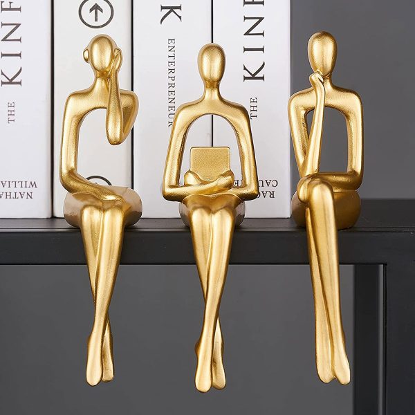 Hvxrjkn 3Pcs Thinker Statue Gold Decor Abstract Art Gold Figurines Golden Resin Bookshelf Decor Collectible Decorative Sculpture for Home Office Living Room Table Desktop Decor