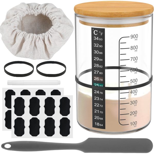 Jetcloudlive Sourdough Starter Kit Jar - Easy Fermentation 900 ml Glass Jars with Date Marked Feeding Band,Scraper,Thermometer and Cloth Cover Nature Sour dough Bread Baking Tools