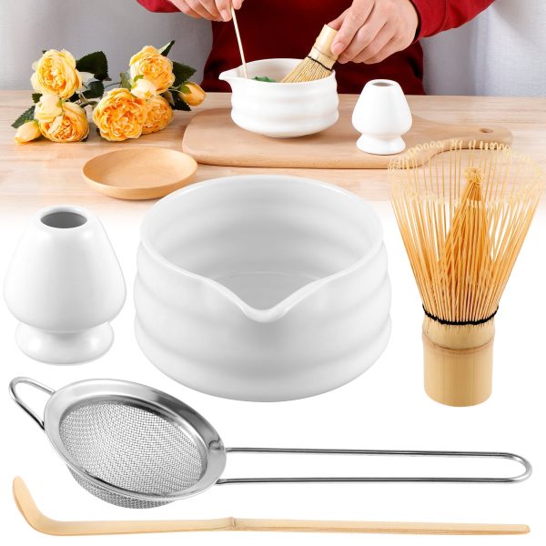 Matcha Whisk Set Ceramic Matcha Bowl with Pouring Spout Matcha Bamboo Whisk Stainless Sifter Ceramic Whisk Holder Bamboo Scoop Exquisite Matcha Kit for Matcha Tea Culture (5Pcs)