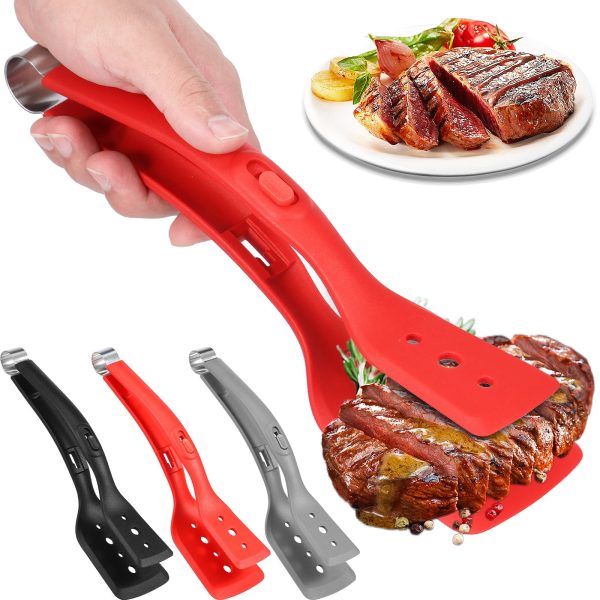 Jetcloudlive 3 Pcs Multipurpose 2 in 1 Silicone Clamp Spatulas and Tongs,Omelette Spatulas Fried Steak Clamp Flipping Fish Gripper Bread Clip Double Sided Spatula