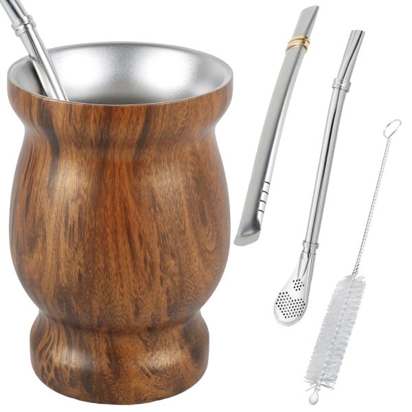 Jetcloudlive 8oz Yerba Mate Cup Stainless Steel Mate Tea Cup Set with Straw Brush Straw Spoon Flat Straw and Lid Insulated Yerba Mate Teacup Coffee Water Mate Cup Yerba Mate Gourd Cup