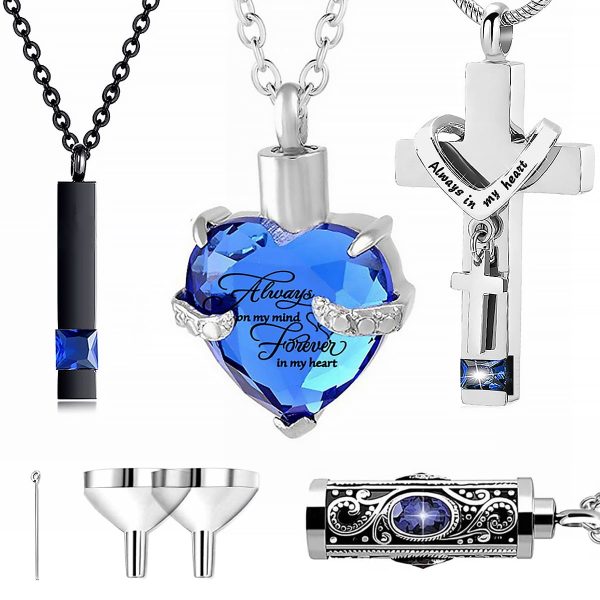 Toorise 4Pcs Urn Necklace Set Stainless Steel Cremation Jewelry Heart Cylindrical Cross Rectangular Ashes Keepsake Waterproof Urn Memorial Pendant for Men Women