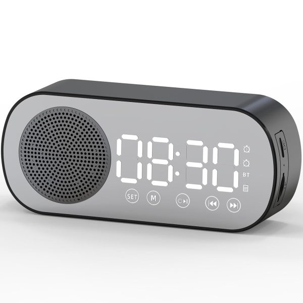 EUWBSSR Digital Alarm Clock Bluetooth 5.0 Speaker LED Display Mirror Desk Alarm Clock with FM Radio Support TF Card Play Hands-Free Call Dual Alarm Clock with USB Charging Port Adjustable Brightness