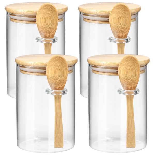 Hvxrjkn 4Pcs Glass Jars with Bamboo Lids and Spoons Clear Glass Storage Jars 600ML Airtight Spice Jars Multipurpose Food Storage Containers for Coffee Cereal Spices 8.5x8.5x12cm