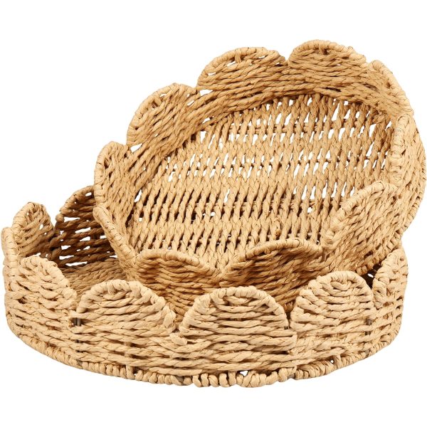 2Pcs Scalloped Edge Round Tray Hand Woven Scalloped Basket Decorative Braided Serving Tray Multipurpose Storage Basket Table Trays for Coffee Table Home Decor