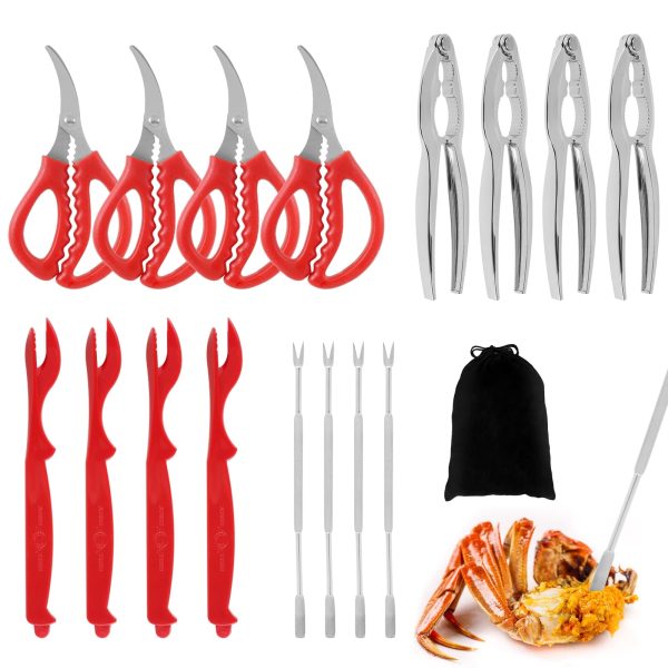 17Pcs Seafood Tool Set Professional Leg Sheller Nut Cracker Set Including 4 Crab Crackers 4 Crab Forks/Picks 4 Seafood Scissors 4 Lobster Shellers for Dishwasher Safe