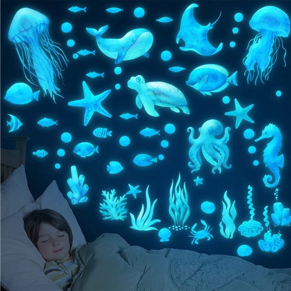 EUWBSSR Glow in The Dark Ocean Creatures Wall Decals(Upgrade) Under The Sea Wall Stickers Decals Decor Luminous Sea Life Waterproof Stick Wall Decal Removable Reusable for Bathroom Bedroom Kids