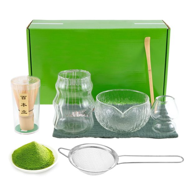 7Pcs Japanese Matcha Tea Set,Matcha Kit with Matcha Bowl (with Pouring Spout),Matcha Whisk,Whisk Holder,Strainer - Elegant Matcha Set for Gifting,Gift Box Packaging glass