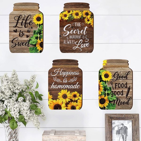 EUWBSSR 4Pcs Mason Jar Wall Decor Wooden,7x4.7 Inch Mason Jar Plaque Rustic Sunflower Wall Sign Inspirational Home Wall Hanging Decoration for Kitchen Farmhouse Bar Coffee