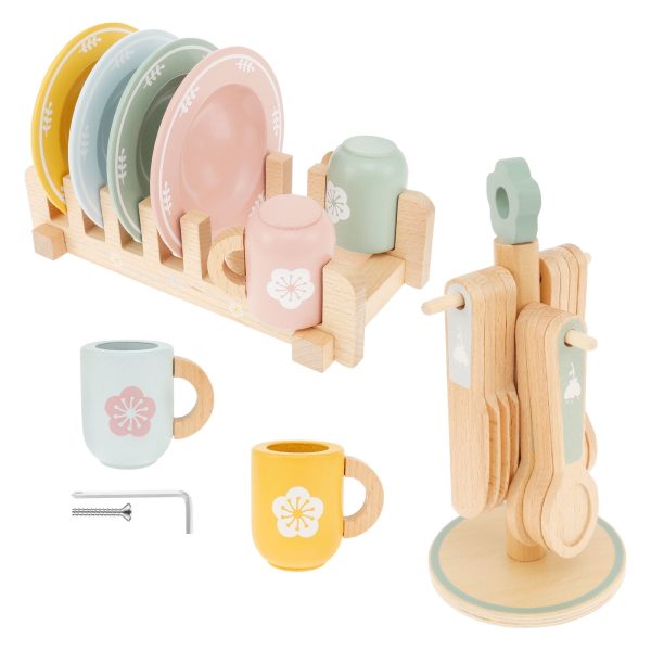 Kid Wooden Dinnerware Toy Set Safe Wood Kids Kitchen Playset Funny Toddler Kitchen Toy Children Kitchen Cutlery and Plate Toy Set Wood Plate and Dish Playset for 3-5 Years Old