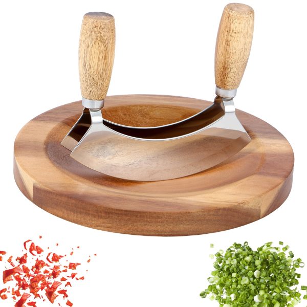 Mezzaluna Ulu Knife Salad Veggies Rocker Chopper Slicer Cutter Mezzaluna Knife with Wooden Display Stand for Kitchen Cutting Chopping Knives Chef Cleaver