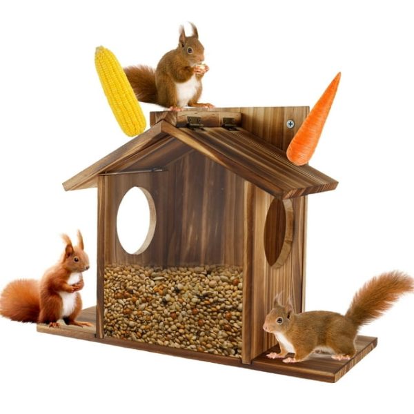 Squirrel Feeder Wooden Squirrel Feeder House Large Capacity Squirrel Feeding Stations Easy to Fill Chipmunk Feeding Station for Corn Peanuts Outside 32.5x12.5x21cm