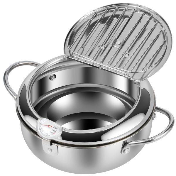 Deep Fryer Pot with Strainer Basket and Thermometer Stainless Steel Deep Frying Pot with Handle 3 Sizes Oil Mini Fryer Dishwasher Safe Deep Frying Oil Container for Frying Fish Shrimp Chicken