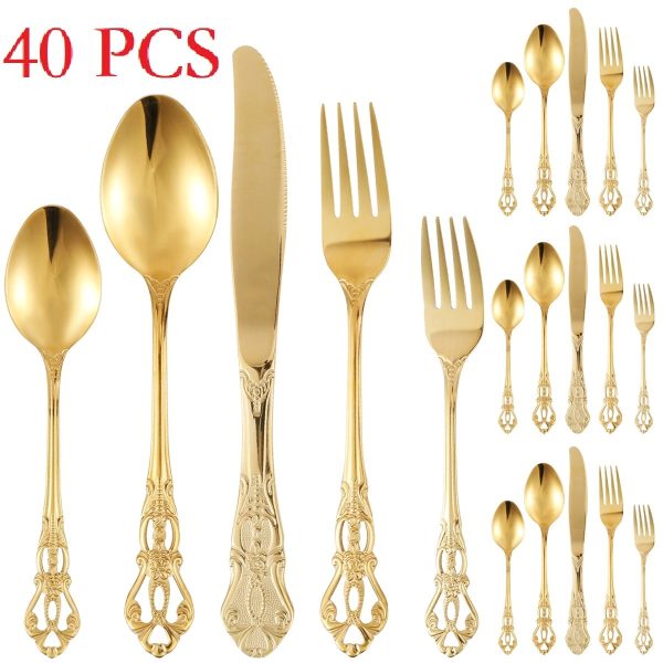 Jetcloudlive 40 Pcs Gold Silverware Set,Retro Royal Stainless Steel Flatware Utensil Sets for 8,Gold Luxury Cutlery Set Includes Forks Spoons Knives,Mirror Polished,Dishwasher Safe