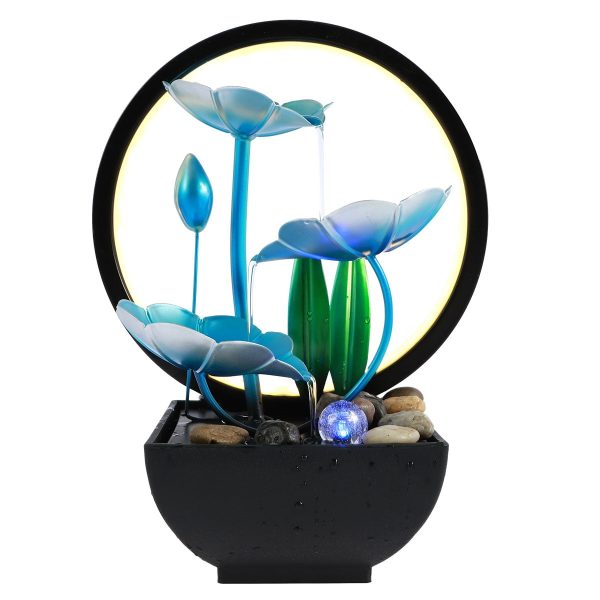 Tabletop Fountain 3-Tiers Lotus Leaf Small Waterfall Fountains Indoor Water Fountain with Rocks and LED Ring Lights Desktop Fountains for Meditation Relaxation Home Bedroom Living Room Office Decor