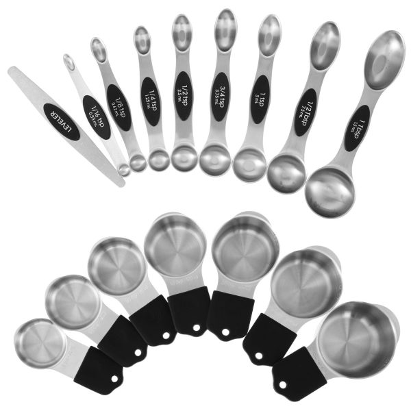 Lieonvis Magnetic Measuring Cups and Spoons Set with Strong Magnets,Heavy Duty Stainless Steel,Fits in Most Kitchen Spice Jars for Baking & Cooking,BPA Free,Set of 16 with Leveler