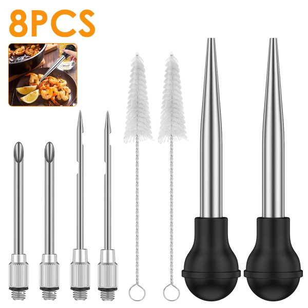 8PCS Turkey Baster Stainless Steel Turkey Baster Syringe Meat Marinade Injector Needle with 2 Needles Silicone Bulb and Cleaning Brush Meat Baster for Kitchen Cooking