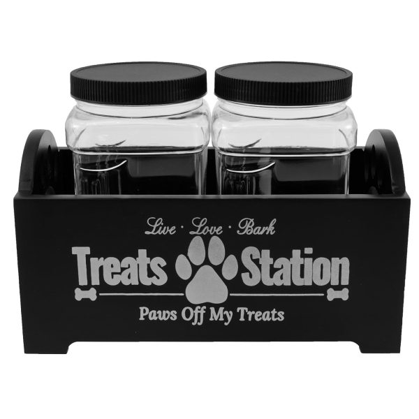 Dog Treat Container Wood Dog Food Storage Container with 2 Plastic Jars Rustic Cat Treat Container Practical Pet Treat Storage Organizer for Pet Owners and Lovers