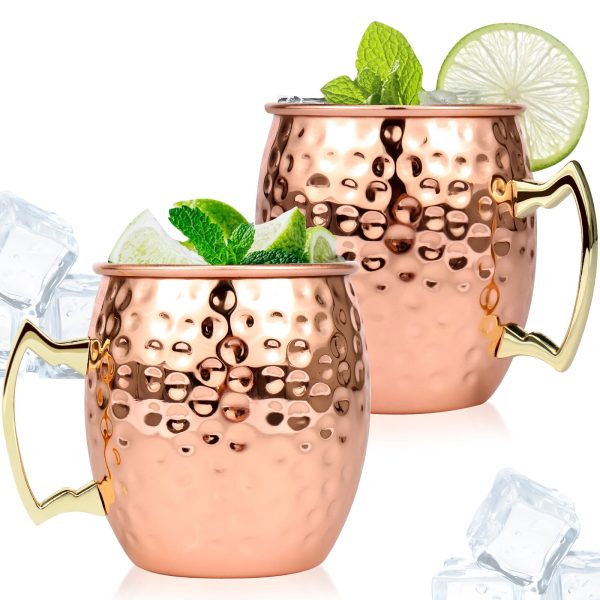 Jetcloudlive Moscow Mule Mugs Set of 2,16 oz Hammered Copper Cups with 304 Stainless Steel Lining and Gold Brass Handles,Perfect for Cold Drinks,Beer,Wine,Bars,Parties,Gifts