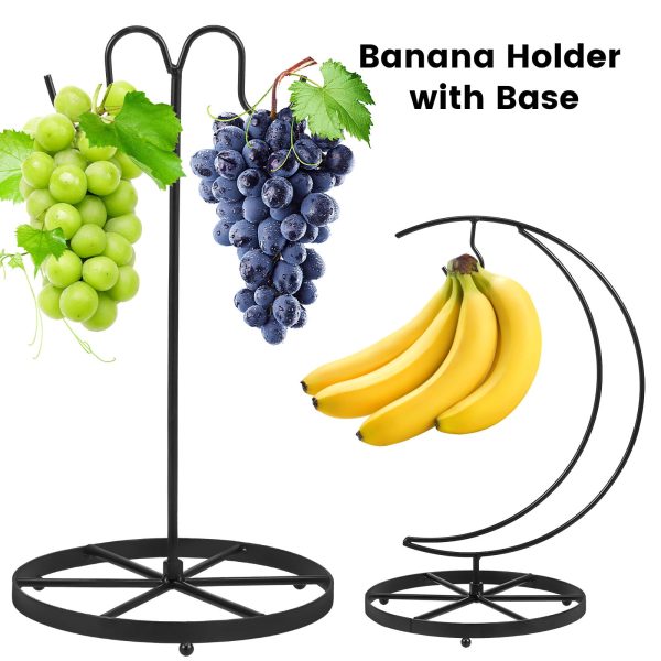 Jetcloudlive Double Hooks Standing Banana Holder with Base,Banana Hanger Tree Stand Hook for Kitchen Countertop,Sturdy and Balanced Fruit Shelves with Storage on Both Sides