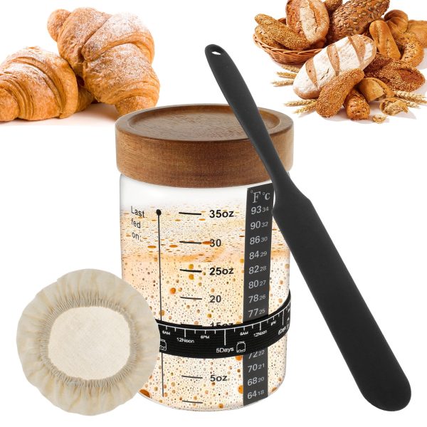 Sourdough Starter Jar,Sourdough Starter Kit with Date Marked Feeding Band,Thermometer,Cloth Cover & Wooden Lid,Reusable Sourdough Bread Baking Supplies,Home Baking Supplies