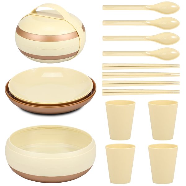 17Pcs Camping Dinner Set for 4 People Camping Plates and Bowls Set Stackable Picnic Dinner Set Lightweight Camping Crockery Set Includes Plates Bowls Cups Spoons Chopsticks for Picnic Party RV