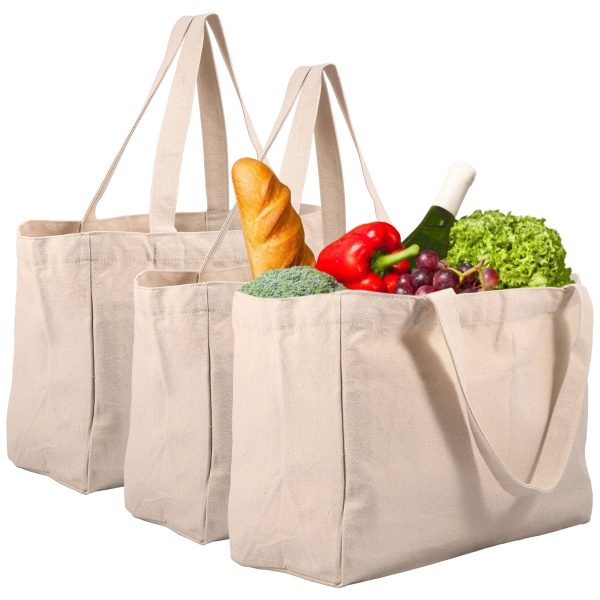 3Pcs Canvas Grocery Bag Large Capacity Grocery Shopping Bags Heavy Duty Reusable Grocery Tote Bags with 6 Inner Pockets Machine Washable Canvas Grocery Bag for Grocery Store Camping Outdoor