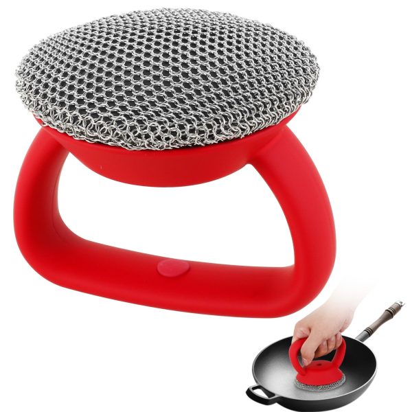 Cast Iron Scrubber 316 Stainless Steel with Handle Steel Wool Scrubber Round Chainmail to Clean Cookware Frying Pans Bakeware Grills